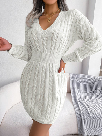 Cable-Knit V-Neck Mini Sweater Dress