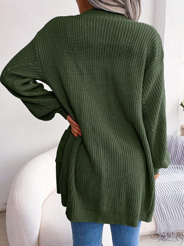 Zopfmuster-Cardigan mit offener Vorderseite und Taschen