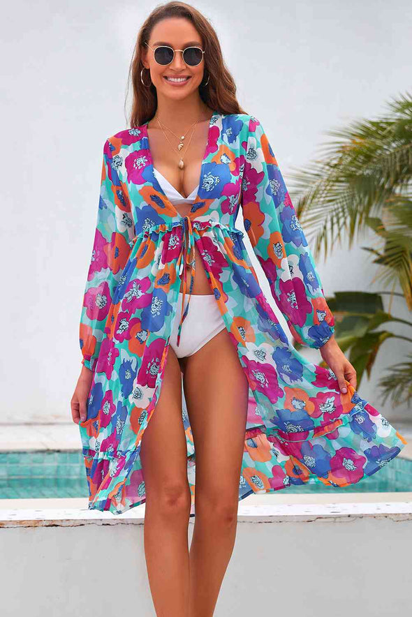 Printed Long Sleeve Tie Front Cover Up