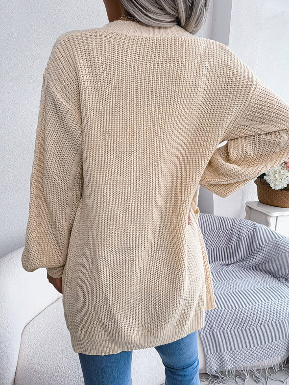 Zopfmuster-Cardigan mit offener Vorderseite und Taschen