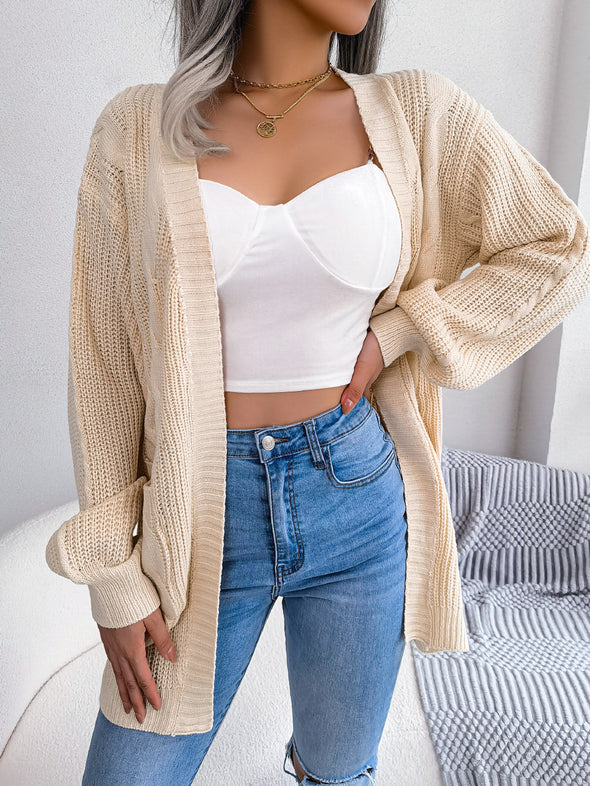 Zopfmuster-Cardigan mit offener Vorderseite und Taschen
