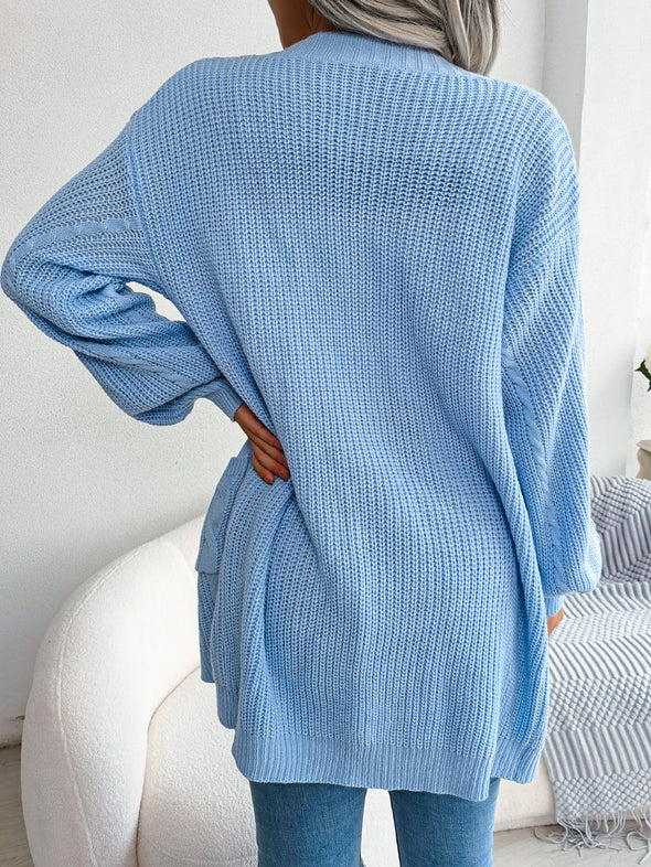 Zopfmuster-Cardigan mit offener Vorderseite und Taschen