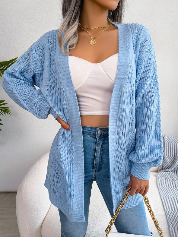 Zopfmuster-Cardigan mit offener Vorderseite und Taschen