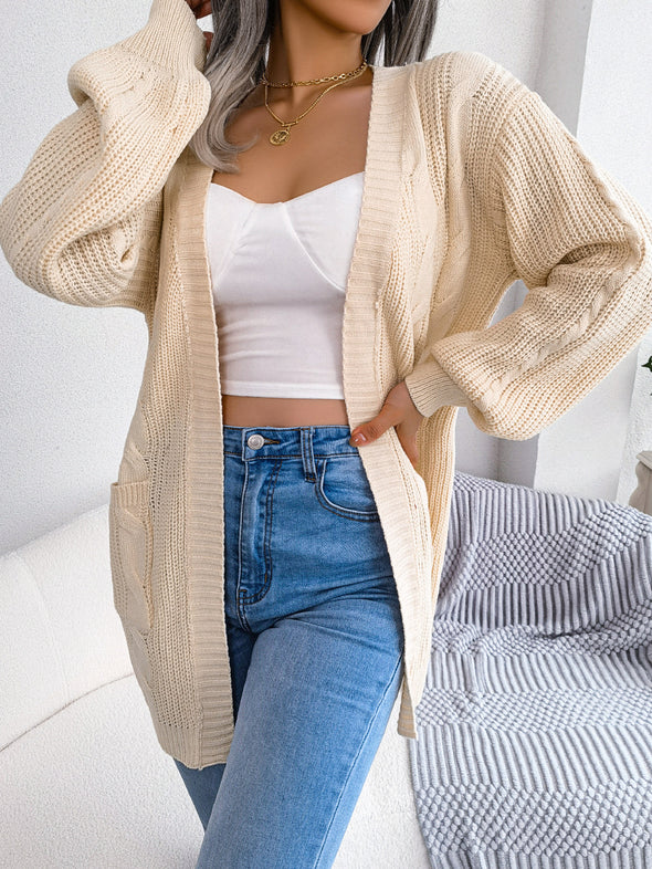 Zopfmuster-Cardigan mit offener Vorderseite und Taschen